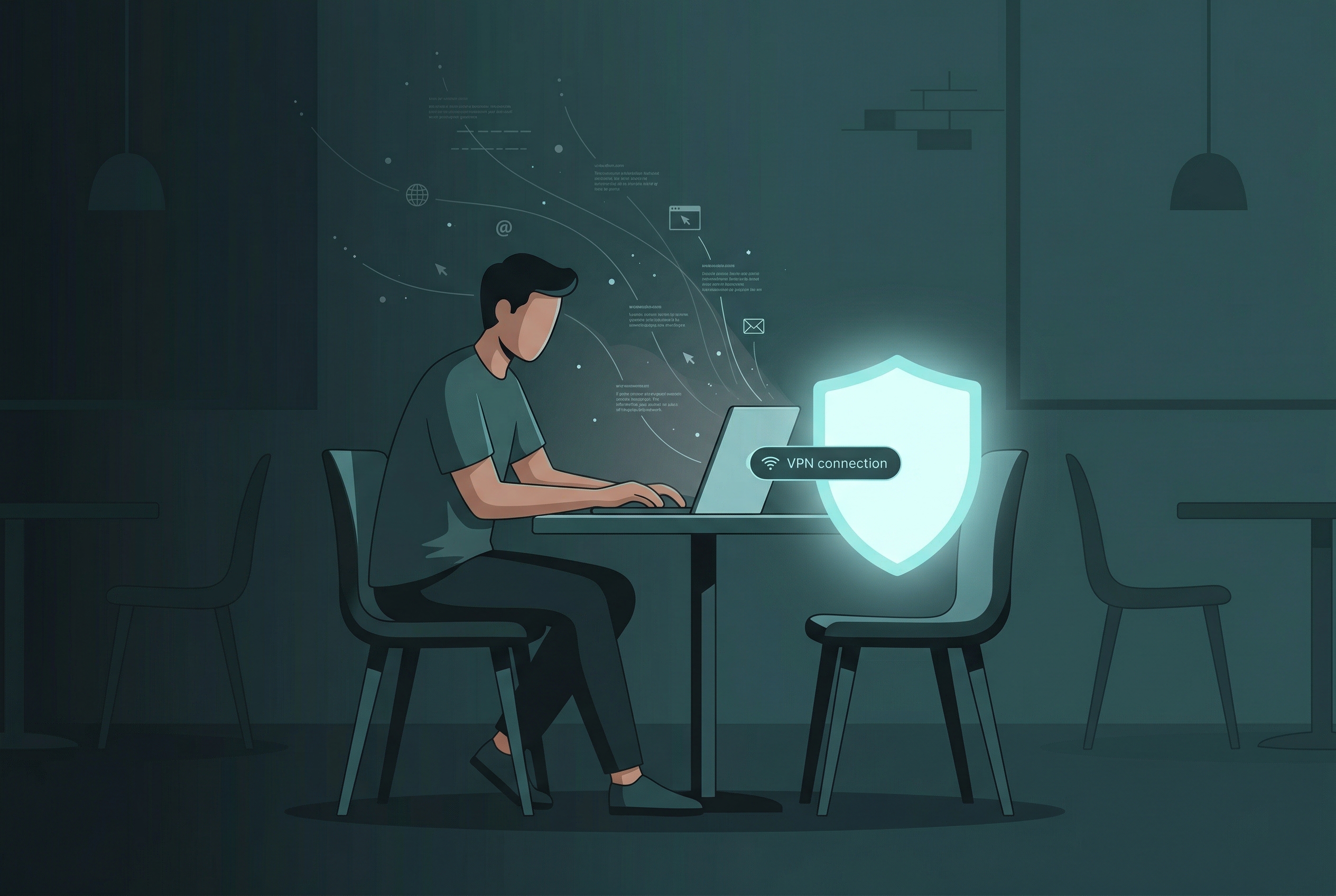 Dark coffee shop scene showing public Wi-Fi dangers with a VPN protection shield
