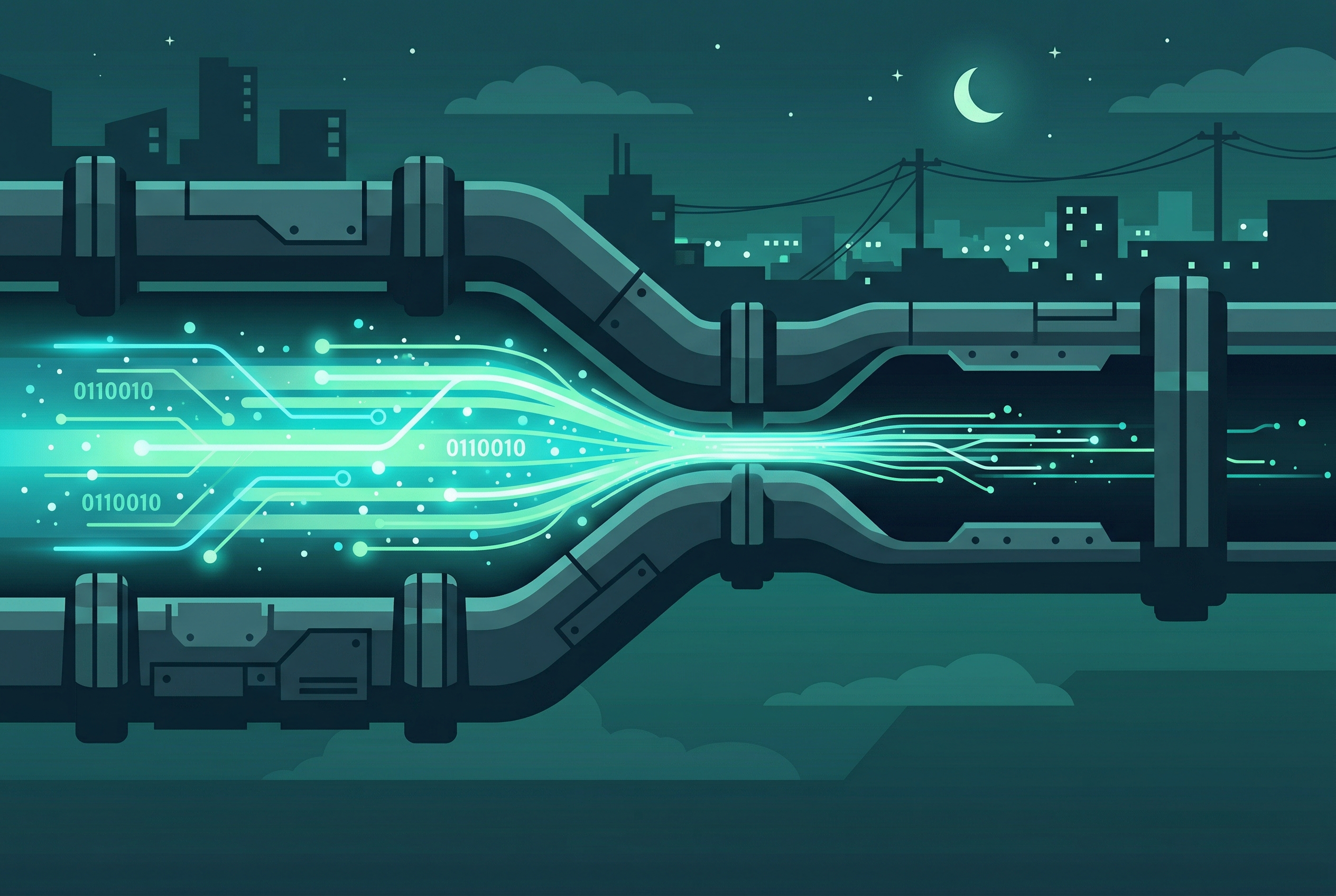 Glowing cyan data stream constricted by a heavy pipeline representing ISP throttling at night